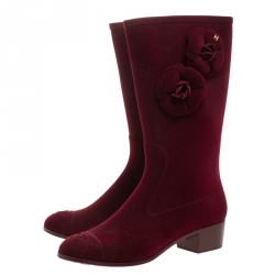Chanel Burgundy Velvet Camellia Embellished CC Rain Boots Size 40