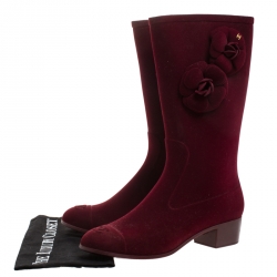 Chanel Burgundy Velvet Camellia Embellished CC Rain Boots Size 40