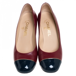 Pre Owned Chanel Red/Blue Patent Leather And Leather Cap Toe Block Heel Pumps Size 36.5