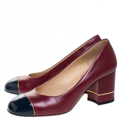 Pre Owned Chanel Red/Blue Patent Leather And Leather Cap Toe Block Heel Pumps Size 36.5
