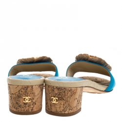 Pre Owned Chanel Blue Leather Cork Camellia Slide Sandals Size 39.5