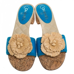 Pre Owned Chanel Blue Leather Cork Camellia Slide Sandals Size 39.5