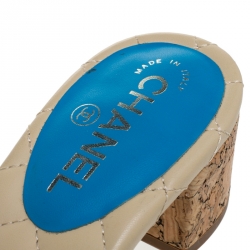 Pre Owned Chanel Blue Leather Cork Camellia Slide Sandals Size 39.5