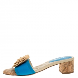 Pre Owned Chanel Blue Leather Cork Camellia Slide Sandals Size 39.5