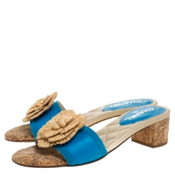 Pre Owned Chanel Blue Leather Cork Camellia Slide Sandals Size 39.5
