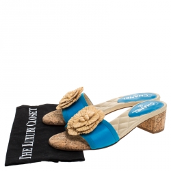 Pre Owned Chanel Blue Leather Cork Camellia Slide Sandals Size 39.5