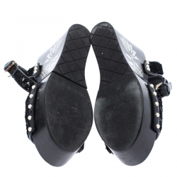 Chanel Black Pearl Embellished Sequins Floral Platform Wedge Sandals Size 38.5