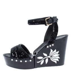 Chanel Black Pearl Embellished Sequins Floral Platform Wedge Sandals Size 38.5