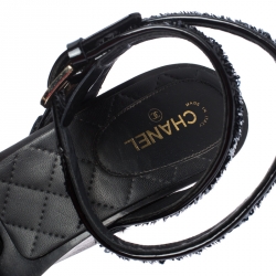 Chanel Black Pearl Embellished Sequins Floral Platform Wedge Sandals Size 38.5