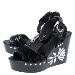 Chanel Black Pearl Embellished Sequins Floral Platform Wedge Sandals Size 38.5