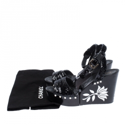 Chanel Black Pearl Embellished Sequins Floral Platform Wedge Sandals Size 38.5