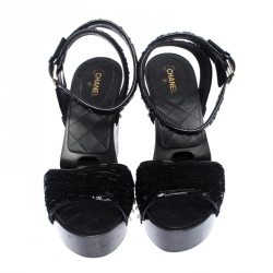 Chanel Black Pearl Embellished Sequins Floral Platform Wedge Sandals Size 38.5