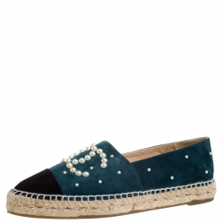 مملوكة مسبقًا Chanel Green/Black Suede Leather Pearl Embellished Espadrille Flats Size 40