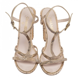 Chanel Light Pink Python Open Toe T Strap CC Metal Heels Sandals Size 41