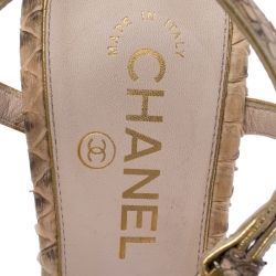 Chanel Light Pink Python Open Toe T Strap CC Metal Heels Sandals Size 41