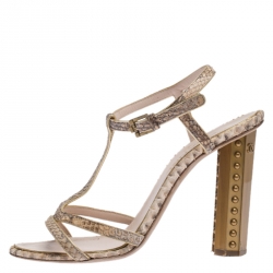 Chanel Light Pink Python Open Toe T Strap CC Metal Heels Sandals Size 41