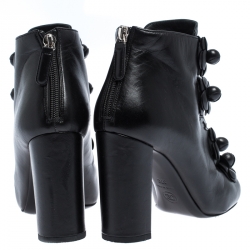 Chanel Black Leather Camellia Block Heel Ankle Boots Size 37