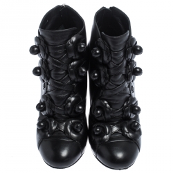 Chanel Black Leather Camellia Block Heel Ankle Boots Size 37