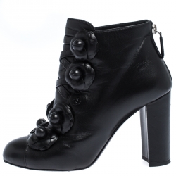 Chanel Black Leather Camellia Block Heel Ankle Boots Size 37 Chanel