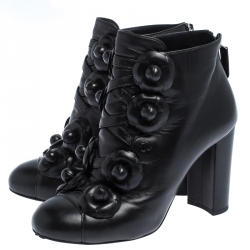 Chanel Black Leather Camellia Block Heel Ankle Boots Size 37