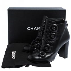 Chanel Black Leather Camellia Block Heel Ankle Boots Size 37