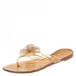 مملوكة مسبقًا Chanel Light Yellow Jelly Camellia Thong Flat Sandals Size 38
