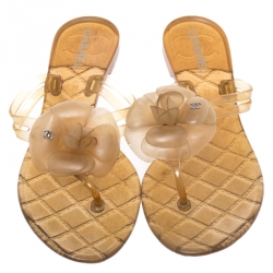 مملوكة مسبقًا Chanel Light Yellow Jelly Camellia Thong Flat Sandals Size 38