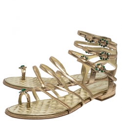 Chanel Gold Leather Embellished Toe Ring Gladiator Flat Sandals Size 39