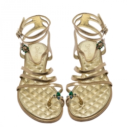Chanel Gold Leather Embellished Toe Ring Gladiator Flat Sandals Size 39