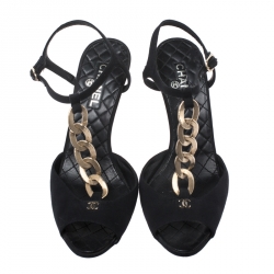 Chanel Black Quilted Canvas CC Chain T Bar Ankle Strap Sandals Size 40