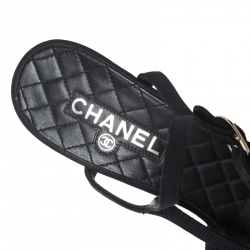 Chanel Black Quilted Canvas CC Chain T Bar Ankle Strap Sandals Size 40