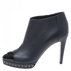 Chanel Black CC Cap Toe Leather Chain Platform Ankle Boots Size 39.5