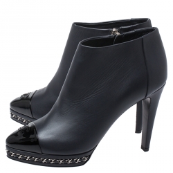 Chanel Black CC Cap Toe Leather Chain Platform Ankle Boots Size 39.5