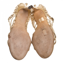 Pre Owned Chanel Beige Patent Leather Bow Embellished Cage Sandals Size 37.5