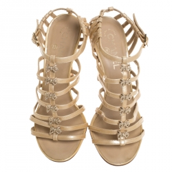 Pre Owned Chanel Beige Patent Leather Bow Embellished Cage Sandals Size 37.5