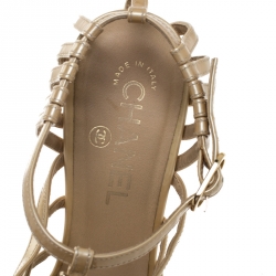 Pre Owned Chanel Beige Patent Leather Bow Embellished Cage Sandals Size 37.5