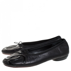 Pre Owned Chanel Black Quilted Leather CC Bow Ballet Flats Size 38