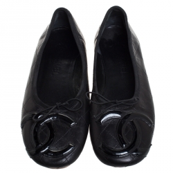 Pre Owned Chanel Black Quilted Leather CC Bow Ballet Flats Size 38