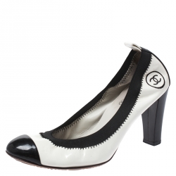 Pre Owned حذاء كعب عالي شانيل غطء مقدمة مجعد CC جلد لامع مونوكروم مقاس 37.5