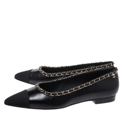 Pre Owned حذاء باليرينا فلات شانيل مزخرف سلسلة مقدمة مدببة جلد و قماس غروسغراين أسود مقاس 39