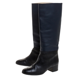 مملوكة مسبقًا Chanel Navy Blue/Black Quilted Leather Knee Length Boots Size 39.5