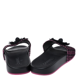 Pre Owned Chanel Black/Pink Tweed Camellia Embellished Flat Slides Size 37