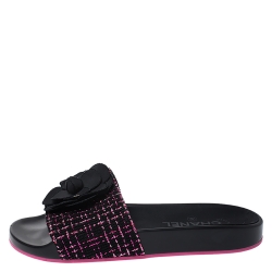 Chanel Black/Pink Tweed Camellia Embellished Flat Slides Size 37