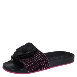 Chanel Black/Pink Tweed Camellia Embellished Flat Slides Size 37