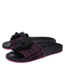 Pre Owned Chanel Black/Pink Tweed Camellia Embellished Flat Slides Size 37