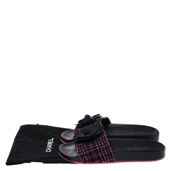 Pre Owned Chanel Black/Pink Tweed Camellia Embellished Flat Slides Size 37