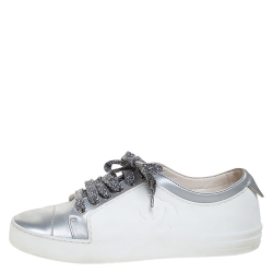 Pre Owned Chanel White/Silver Fabric And Rubber CC Low Top Sneakers Size 37