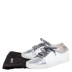 Pre Owned Chanel White/Silver Fabric And Rubber CC Low Top Sneakers Size 37