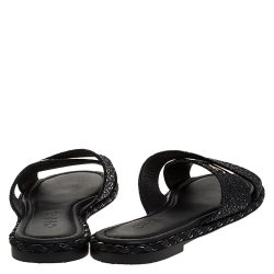 Pre Owned Chanel Black Textured Fabric CC Flat Criss Cross Slide Sandals Size 37
