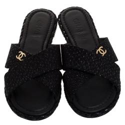 Pre Owned Chanel Black Textured Fabric CC Flat Criss Cross Slide Sandals Size 37